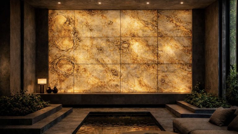 Feuille de pierre lumineuse translucide intégrée dans un mur architectural