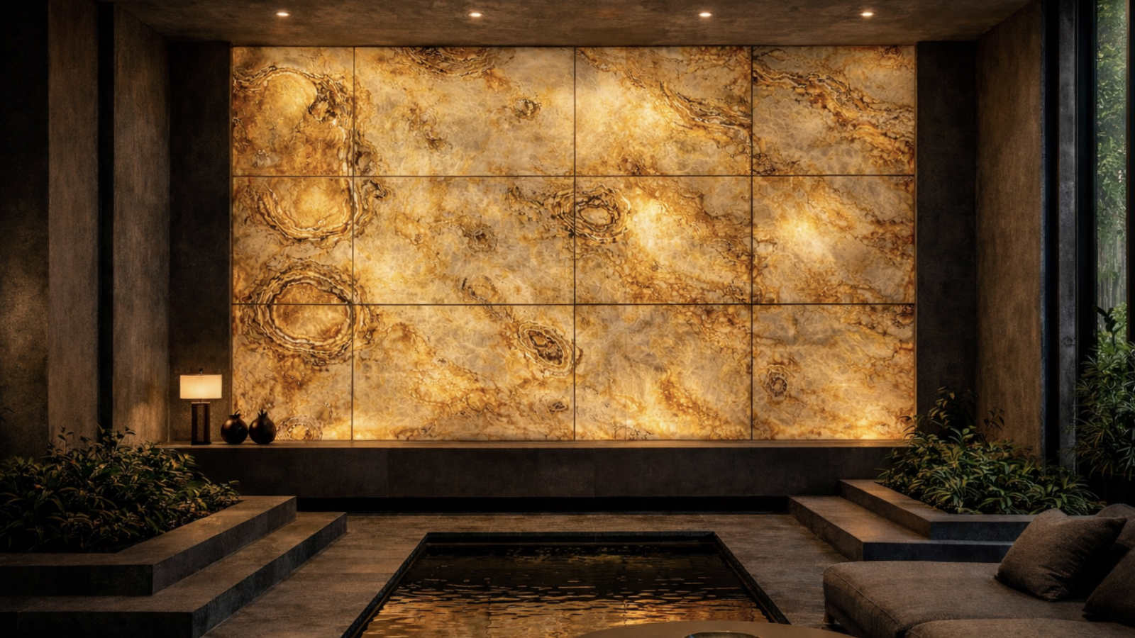 Feuille de pierre lumineuse translucide intégrée dans un mur architectural