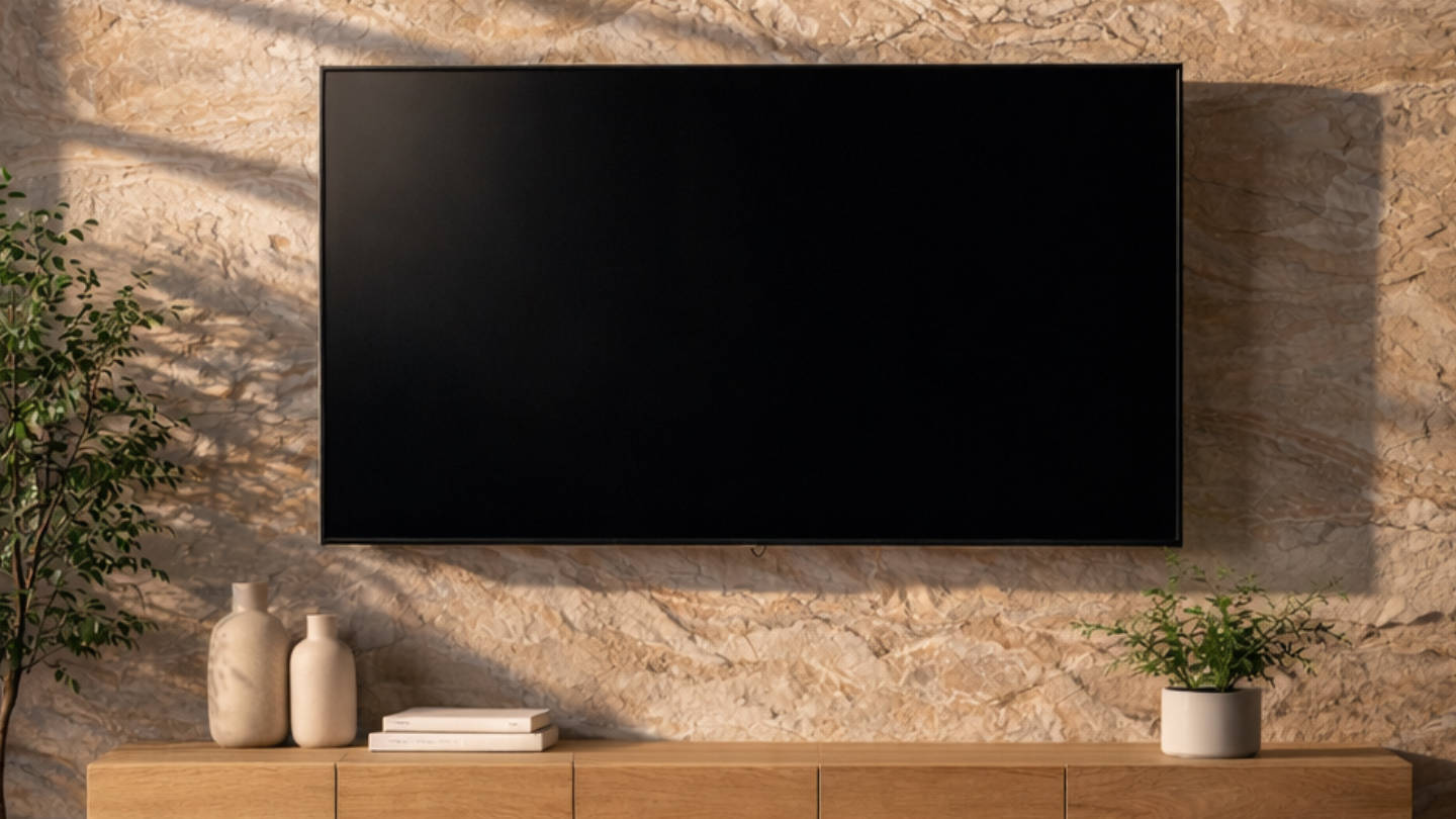 Feuille de pierre mur TV intégrée dans un salon contemporain - Pellstone