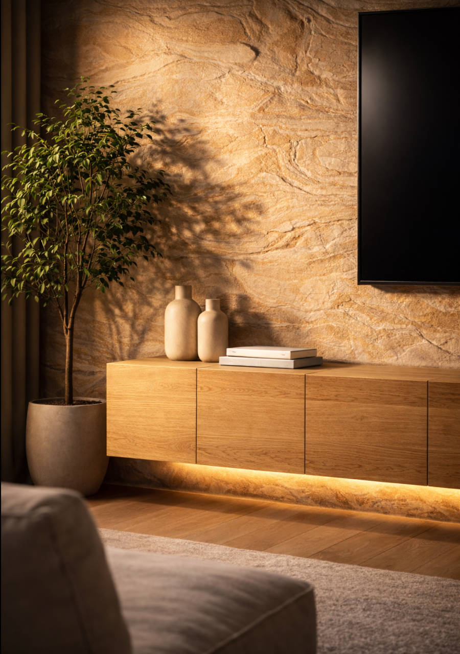 Feuille de pierre naturelle intégrée pour mur TV