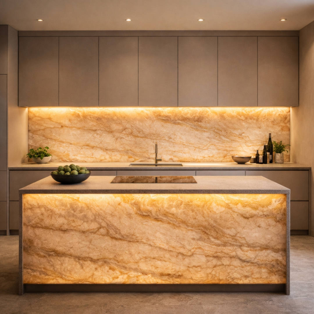 Feuille de pierre naturelle Pellstone pour crédence et ilot central cuisine