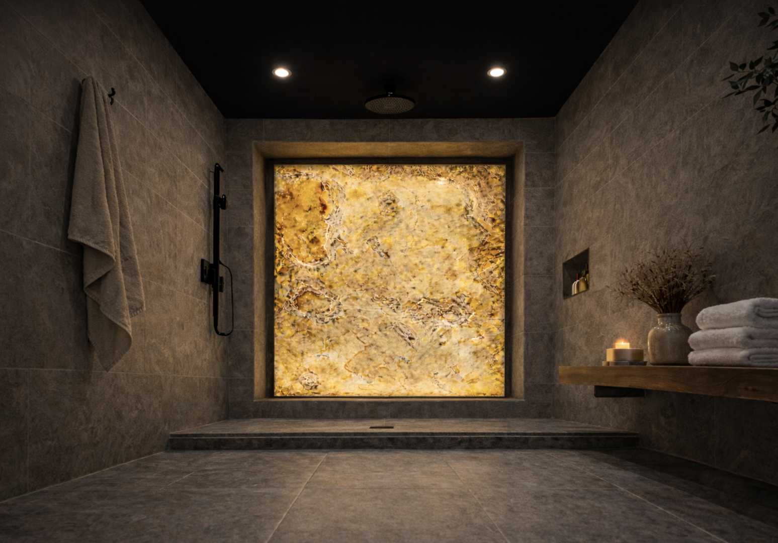 Salle de bain - éclairage mur douche avec la feuille de pierre translucide Pellstone