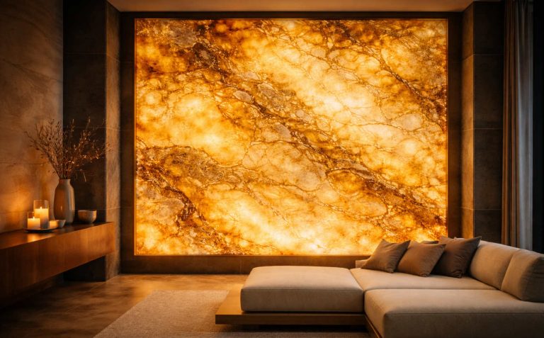 Feuille de pierre translucide rétro-éclairé Pellstone - ambiance salon