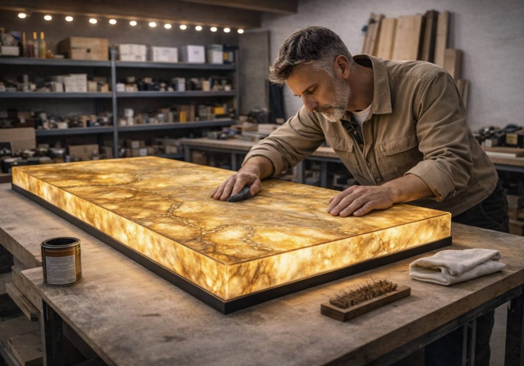 Atelier Pellstone - fabrication d'une feuille de pierre naturelle translucide dans l'atelier